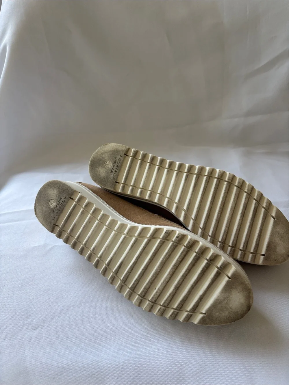 Aquatalia Suede Loafers in Light Tan with White Platform